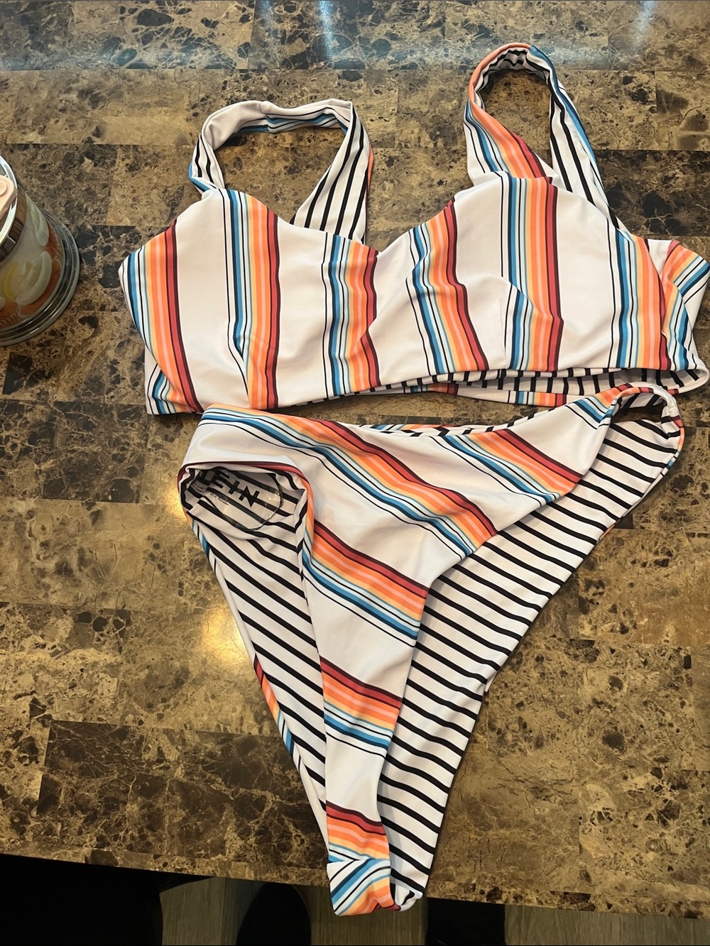 SHEIN White Multicolor Striped Bikini Set